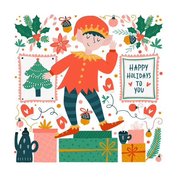 Tarjeta Felicitación Vectorial Con Elfos Navideños Decoraciones Escandinavas Aisladas Sobre — Vector de stock