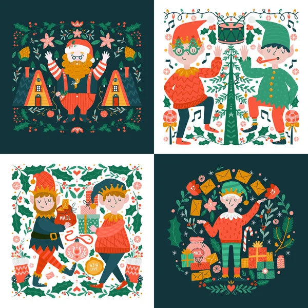 Vector Grußkarte Mit Weihnachtselfen Weihnachtsmann Und Skandinavischen Dekorationen Auf Weißem — Stockvektor
