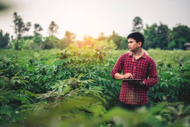 Akıllı bir çiftçi iyi ürün için ürün bütünlüğünü ve bakım planlamasını kontrol ediyor..