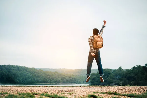 Young Man Backpack Traveling Holiday Selective Soft Focus — Stock Photo, Image