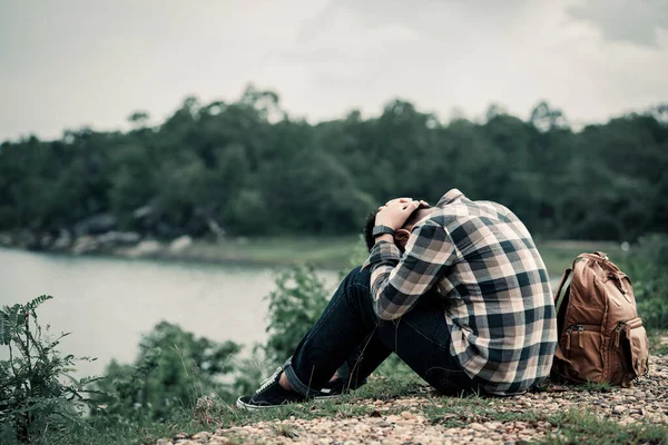 Sad Man Sitting Crying Losing Life — Stock Photo, Image