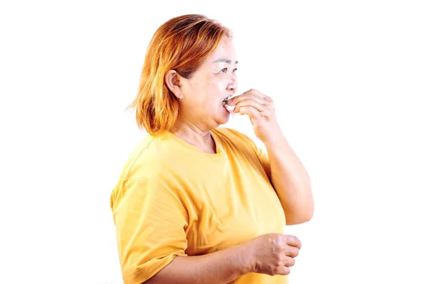 Felice Donna Asiatica Sfondo Bianco Vecchia Donna Controllando Denti — Foto Stock