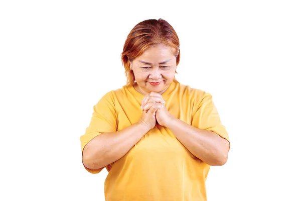 Happy Asian Woman Pray White Background Old Women Enjoyment — Stockfoto