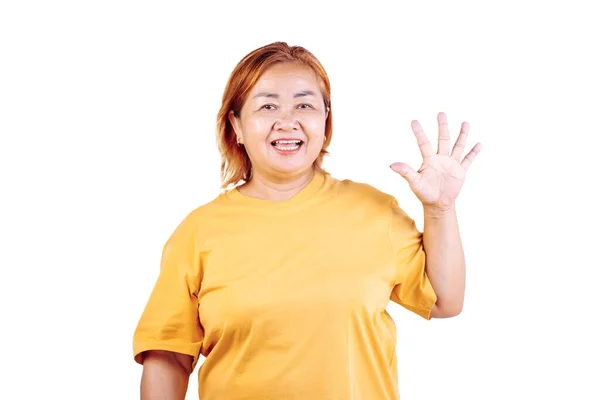 Ευτυχισμένη Ασιάτισσα Που Μετράει Δάχτυλα Λευκό Φόντο Απόλαυση Γριών Γυναικών — Φωτογραφία Αρχείου