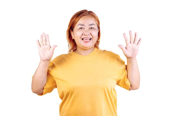 Happy Asian Woman Counting Fingers White Background Old Women Enjoyment — Stockfoto