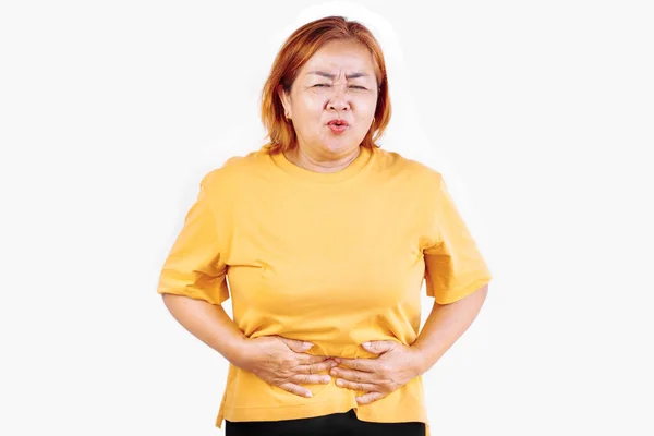 Uma Mulher Idosa Com Dor Estômago Intoxicação Alimentar Estômago Doença — Fotografia de Stock