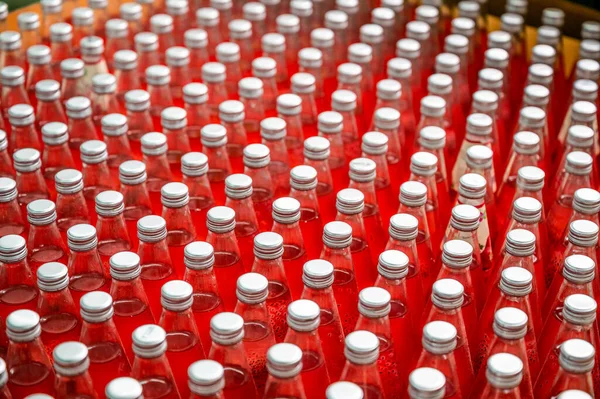 Group of red juice bottles with screw cap in conveyor belt at beverage processing plant
