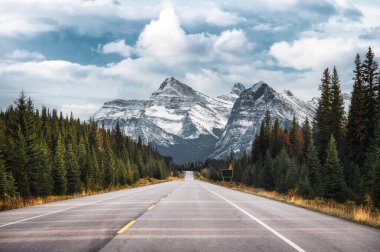 Otoyol gezisi ve Kanada kayalıkları ulusal parktaki Icefields Parkway, Alberta, Kanada