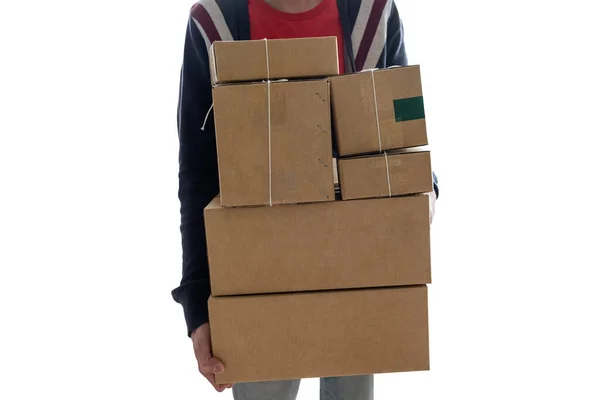 Hombre Que Lleva Cajas Cartón Apiladas Cajas Paquetes Sobre Fondo —  Fotos de Stock