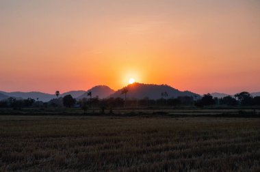 Sunset over mountain range in paddy field at countryside