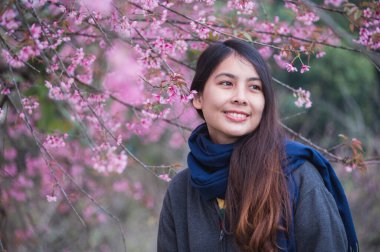 Baharda bahçede çiçek açan vahşi Himalaya kirazlı güzel Asyalı kadın.