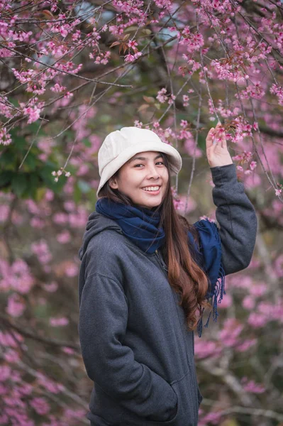Beautiful Young Asian Woman Wild Himalayan Cherry Blooming Garden Springtime — Stock Photo, Image