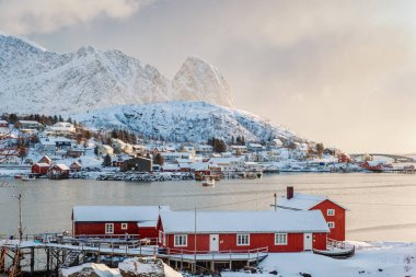 Norveç 'in Lofoten Adaları' ndaki Reine kasabasında kışın karla kaplı dağla kıyı şeridindeki kuzeyli balıkçı köyünün güzel manzarası 