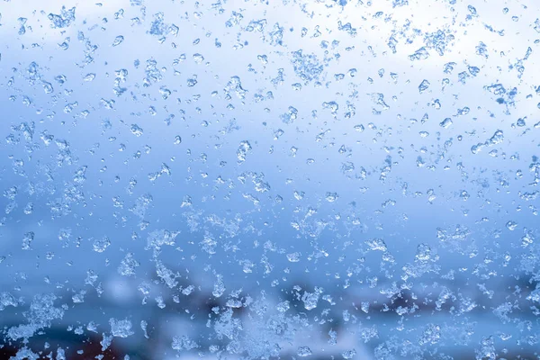 Close Abstract Blue Icy Snowflake Window Winter Season Christmas Festive — Stock Photo, Image