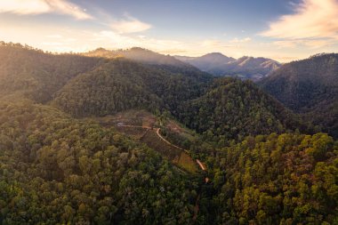 Ulusal parkın uzak kırsalındaki tropikal yağmur ormanlarında gün batımının dağ sıralarının üzerindeki hava manzarası. Chiang Mai, Tayland. Çevresel koruma