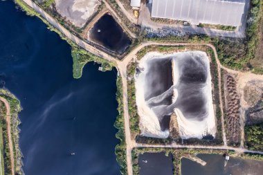 Geniş atık su arıtma havuzu ve yenilenebilir enerji biyoetanol bitkisindeki plastik kaplı fermantasyon biyokütle göletinin havadan görünüşü