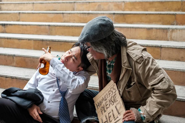 Old Homeless People Listening Problems Businessman Alcohol Bottle — Foto de Stock