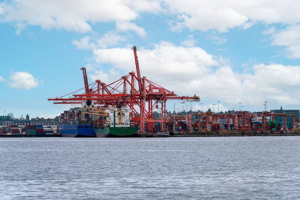 Güneşli bir günde kıyıda ticari limanda konteynırları kargo ve gantry vinçleri olan uluslararası kargo gemisi.