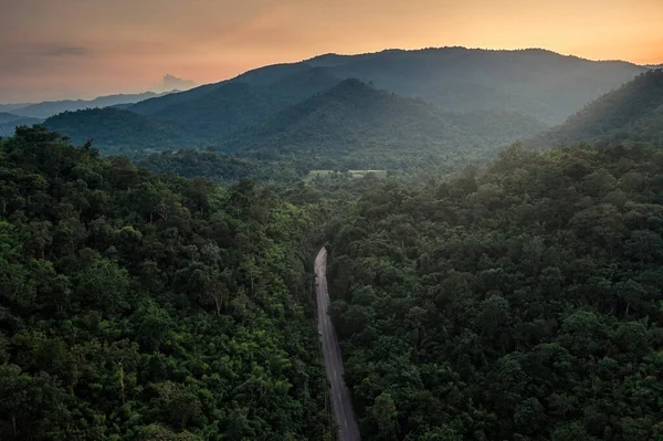 Tropikal yağmur ormanlarındaki otobanın hava manzarası ve dağda gün batımı kırsal kesimde.