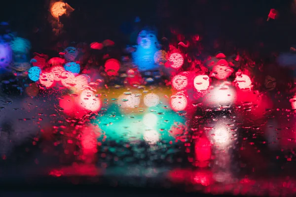 Abstract Colorful Bokeh Raindrop Windshield Rainy Day Night Background — Stock Photo, Image