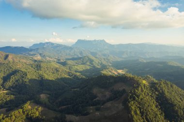 Doi Luang Chiang Dao dağının havadan görünüşü ulusal parkın kırsal kesimindeki tropikal yağmur ormanlarında güneş ışığıyla parlıyor.