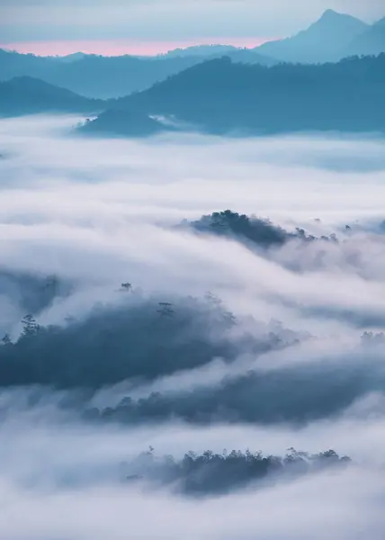 Beau Paysage Brouillard Coulant Sur Vallée Montagne Dans Forêt Tropicale — Photo