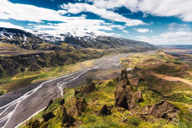 Scenery of Valahnukur viewpoint hiking trail with mountain valley and krossa river flowing through in icelandic highlands at Thorsmork, Iceland