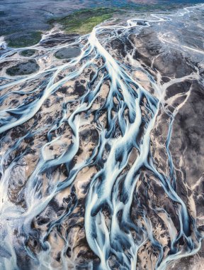 Panorama aerial view of abstract glacier rivers pattern on earth in highlands of Iceland