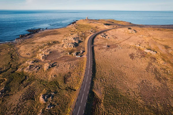 Scenic Asphalt Road Ring Road Golden Field Coastline Summer Iceland — Fotografia de Stock