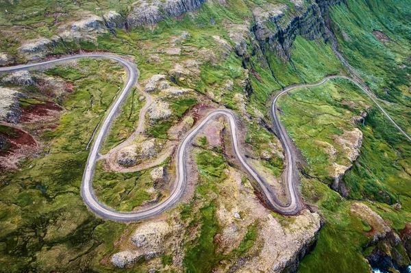 Aerial View Winding Gravel Road Fjord Valley Icelandic Highlands — Stockfoto