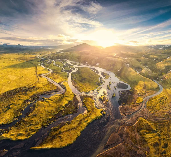 Aerial View Sunset Volcanic Mountain Abstract Glacier Rivers Flowing Moss — 스톡 사진