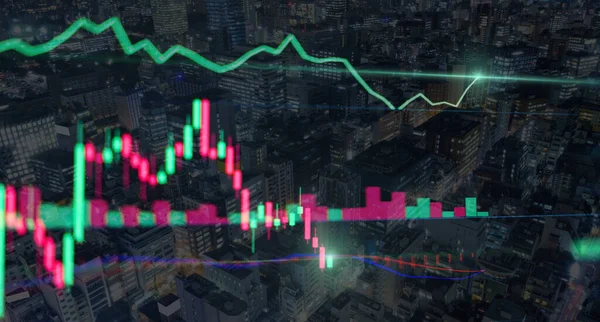 Technical trading of candlestick signal graph on illuminated city, Line graph of green and red color candle of selling and buying during business hours for trading investment