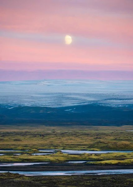 Paisagem Extraterrestre Lua Sobre Glaciar Vulcânico Montanha Campo Lava Nas — Fotografia de Stock