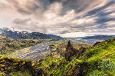 Dramatic landscape of Valahnukur viewpoint hiking trail with mountain valley and krossa river in icelandic highlands at Thorsmork, Iceland