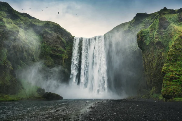 Güçlü Skogafoss şelalesinin dramatik bir hikayesi. Skoga nehri yazın İzlanda 'da uçurumdan akıyor. İzlanda 'nın ünlü yeri, seyahat yeri