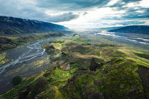 Vista Aérea Vista Dramática Montanha Vulcânica Valahnukur Trilha Verão Highlands — Fotografia de Stock