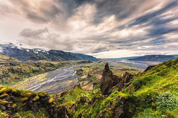 Dramatic Landscape Valahnukur Viewpoint Hiking Trail Mountain Valley Krossa River — Stockfoto