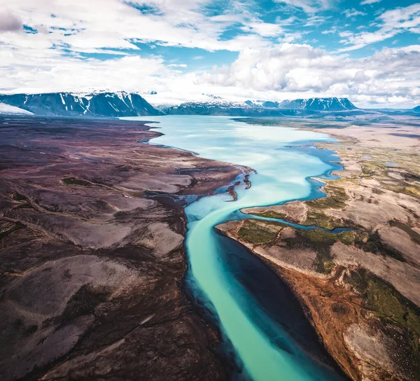 Vista Aérea Panorámica Del Río Lago Turquesa Hvitarvatn Montaña Glaciar —  Fotos de Stock