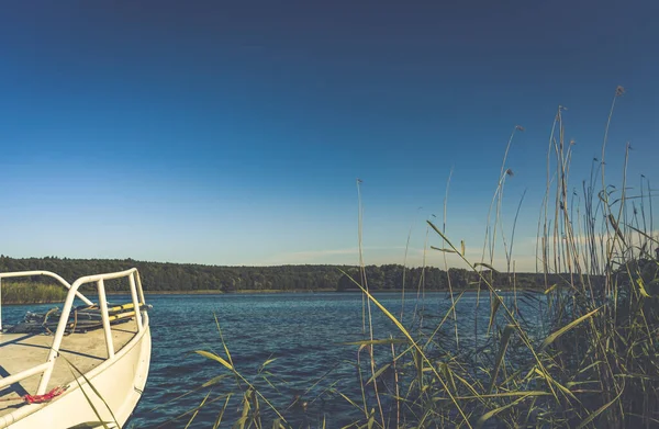 在湖岸上的一条船 周围是芦苇和蓝天下的树木 — 图库照片
