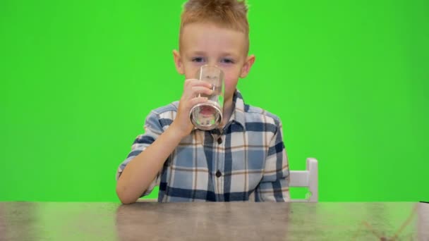 5 year old boy drinking water from a glass, chroma key — Stock Video