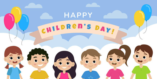 Happy world childrens day banner concept. Children looking up to the sky