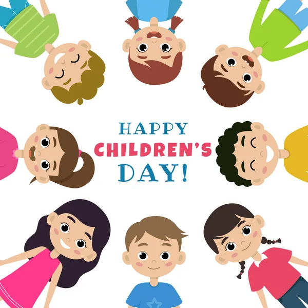 Mundo feliz niños día cartel concepto. Niños sonriendo y de pie en círculo — Vector de stock