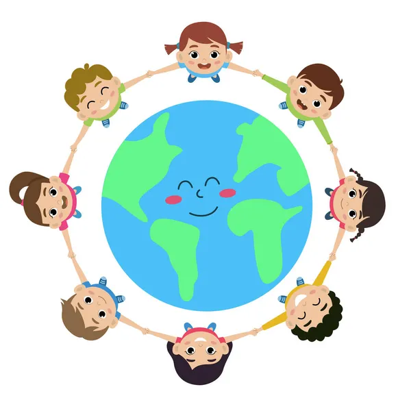 Buon mondo per bambini concetto poster giorno. Bambini sorridenti e in piedi sul cerchio — Vettoriale Stock