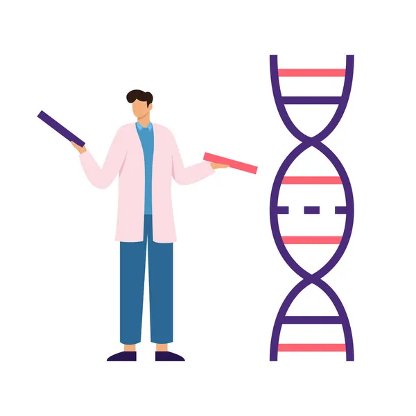 Man scientist in white coat holding pieces of DNA in his hands — Stock Vector