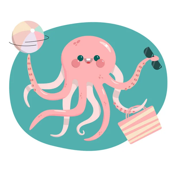 Glücklicher Oktopus mit Ball und Brille. Lächelnd — Stockvektor