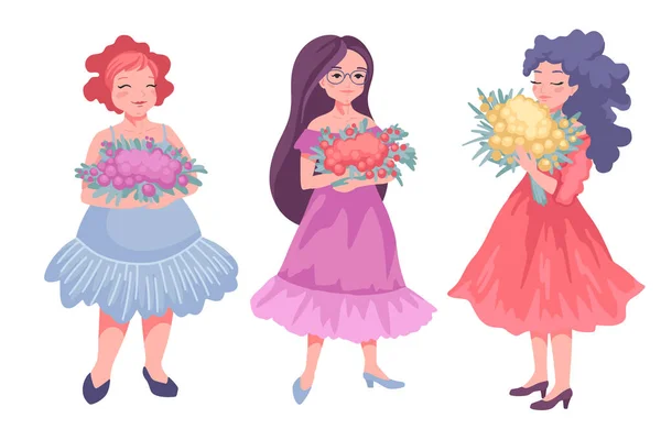 Vrouwen met boeketten bloemen, karakters in volle groei op een witte achtergrond. Vectortekening — Stockvector