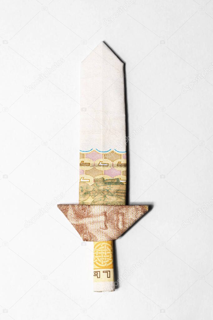 sword made from a paper bill of the Ukrainian hryvnia