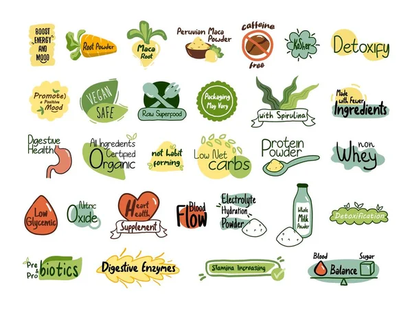 Etichetă de calitate a produsului, set de elemente alimentare sănătoase — Vector de stoc