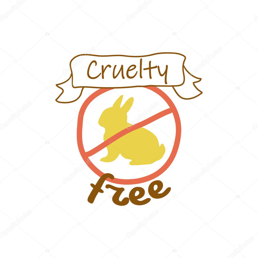 Cruelty free badge with rabbit icon for cosmetic. Hand drawn crossed color animal, ribbon with sign, vector illustration. Isolated on white certificate product label about laboratory work