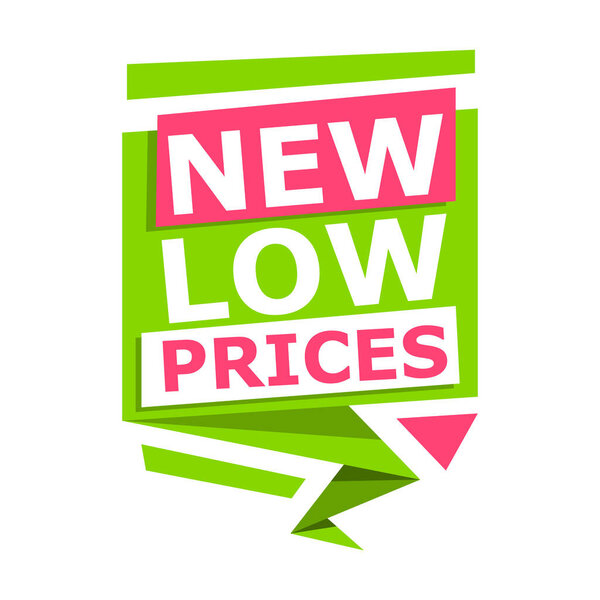 Tag NEW LOW PRICES, vector illustration. Advertising inscription. Information sticker.